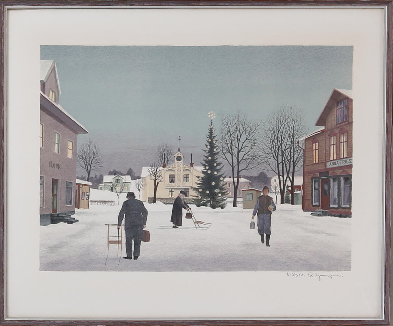 REINHOLD LJUNGGREN. Julmotiv från Trosa, färglitografi, numrerad 243/300, signerad.