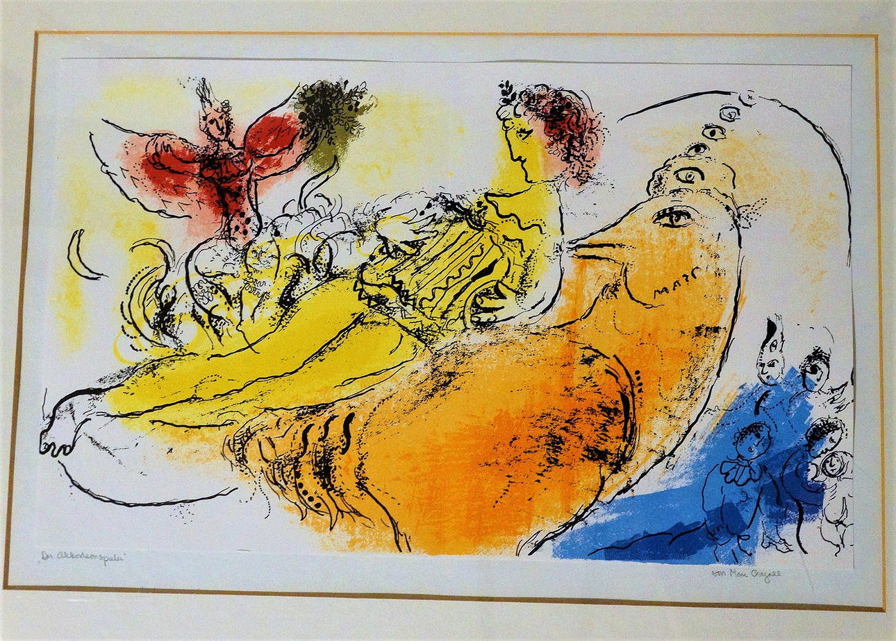 MARC CHAGALL. ACCORDION PLAYER, color lithograph, 1957, with frame