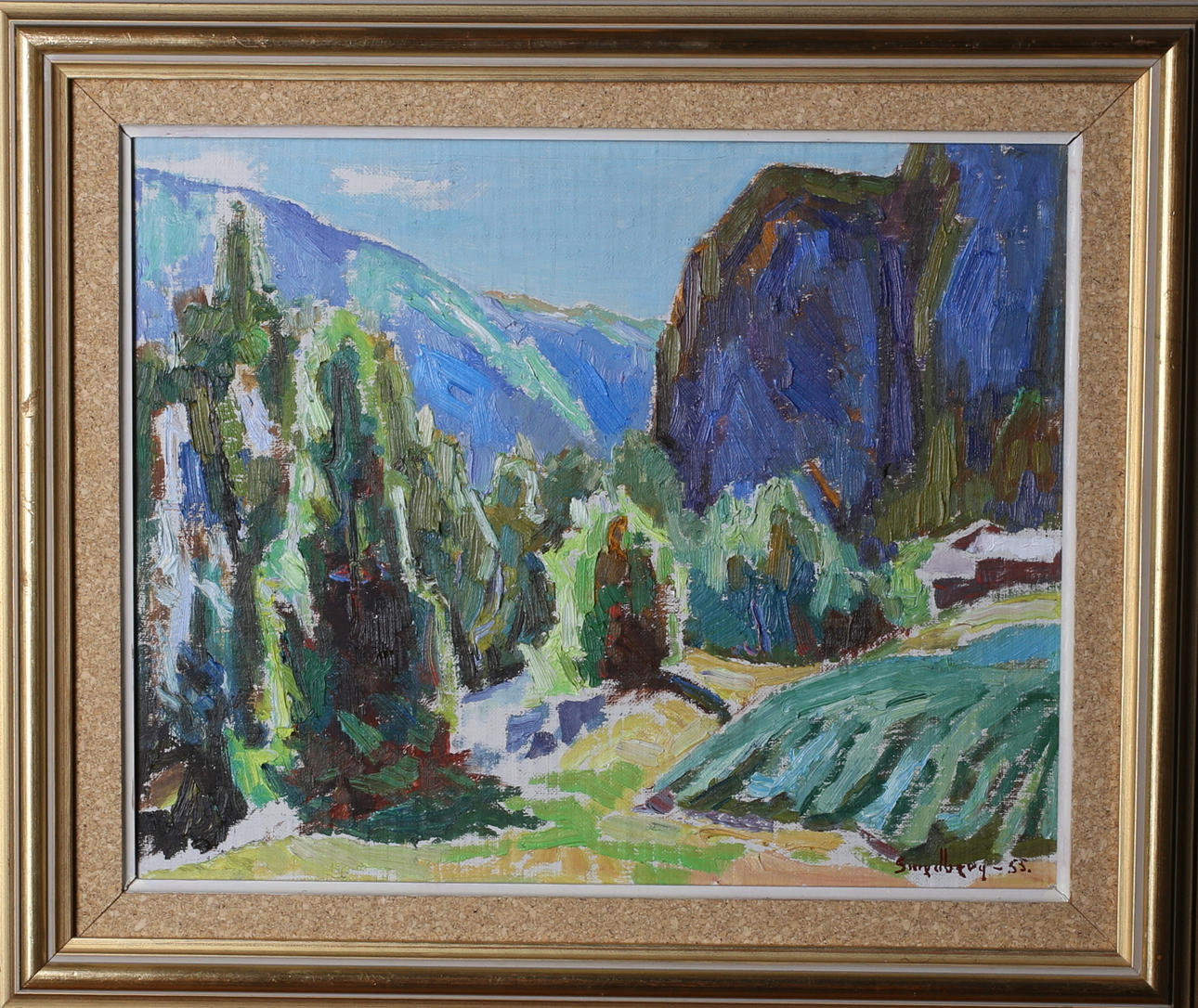 FRITZ SMEDBERG. "Motsol" Flatdal Telemark, olja på masonite, signerad Smedberg -55.