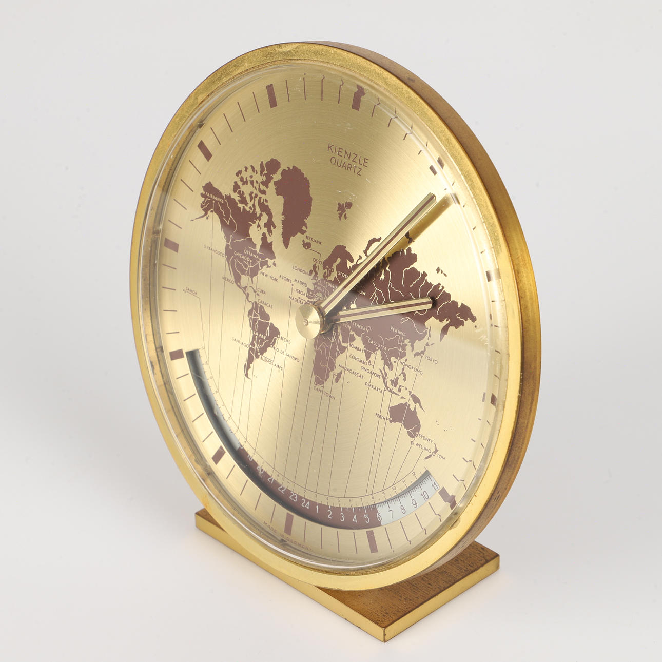 TABLE CLOCK, World Time Zones, brass, Kienzle, Germany.