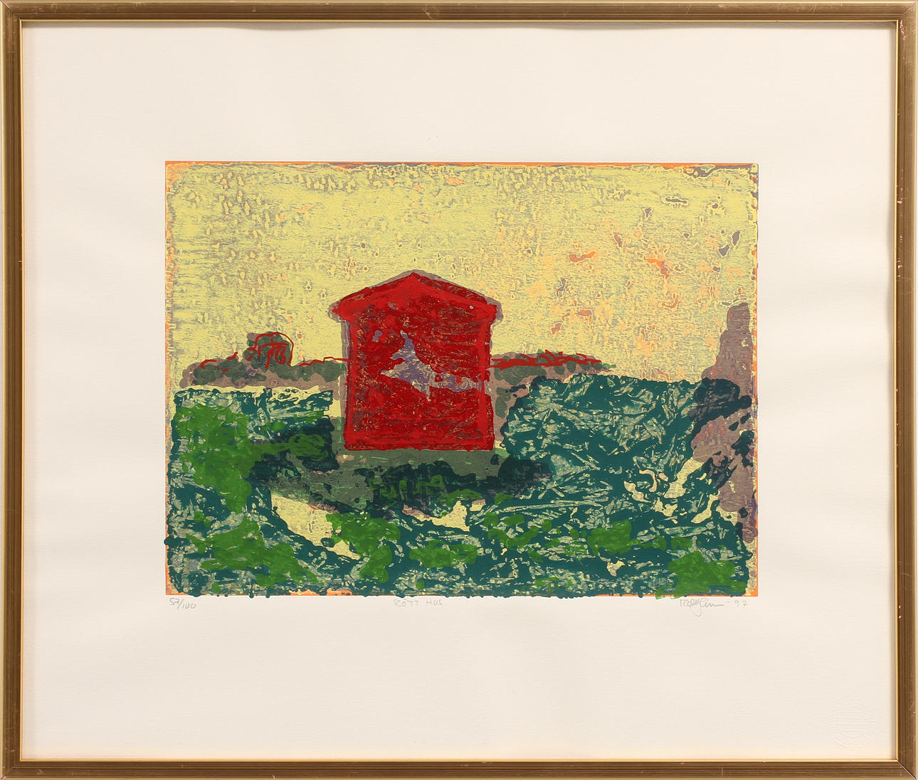 ROLF HANSSON. "Rött hus", färglitografi, signerad och numrerad 57/100.