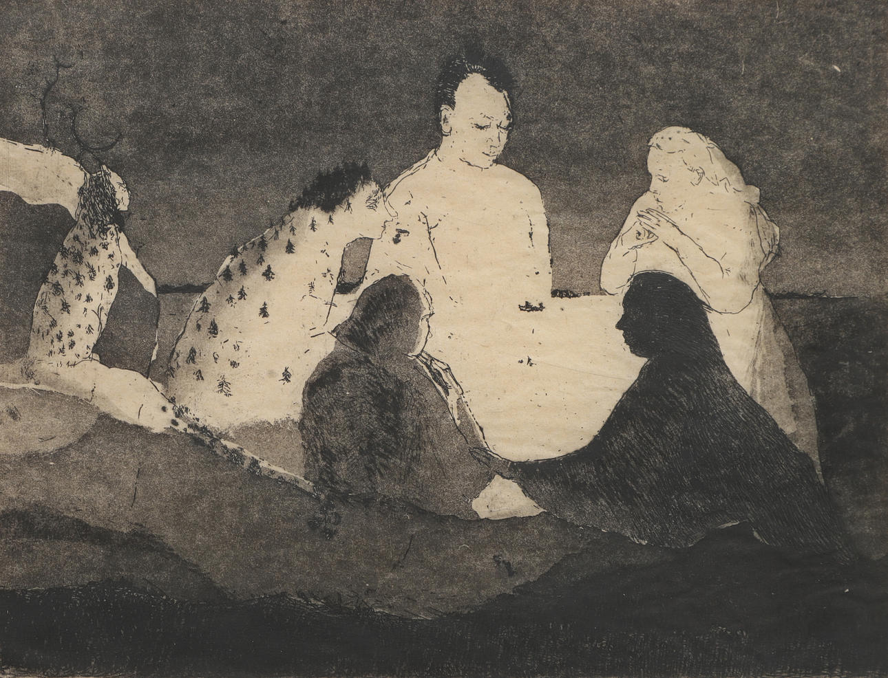 OUTI HEISKANEN. Etching, "Guests from afar", signed Heis, dated -83, numbered 16/70.