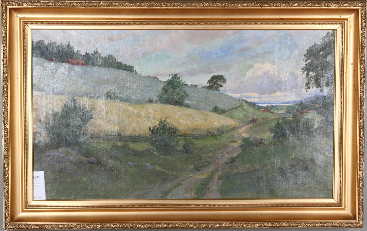 CARL ERIC TÖRNER. Landskap med röda hus och sjö. Olja på duk, signerad 09.