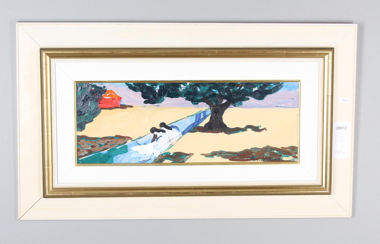 LARS NORRMAN. Motiv med kvinnor som tvättar. Akryl på pannå, signerad.