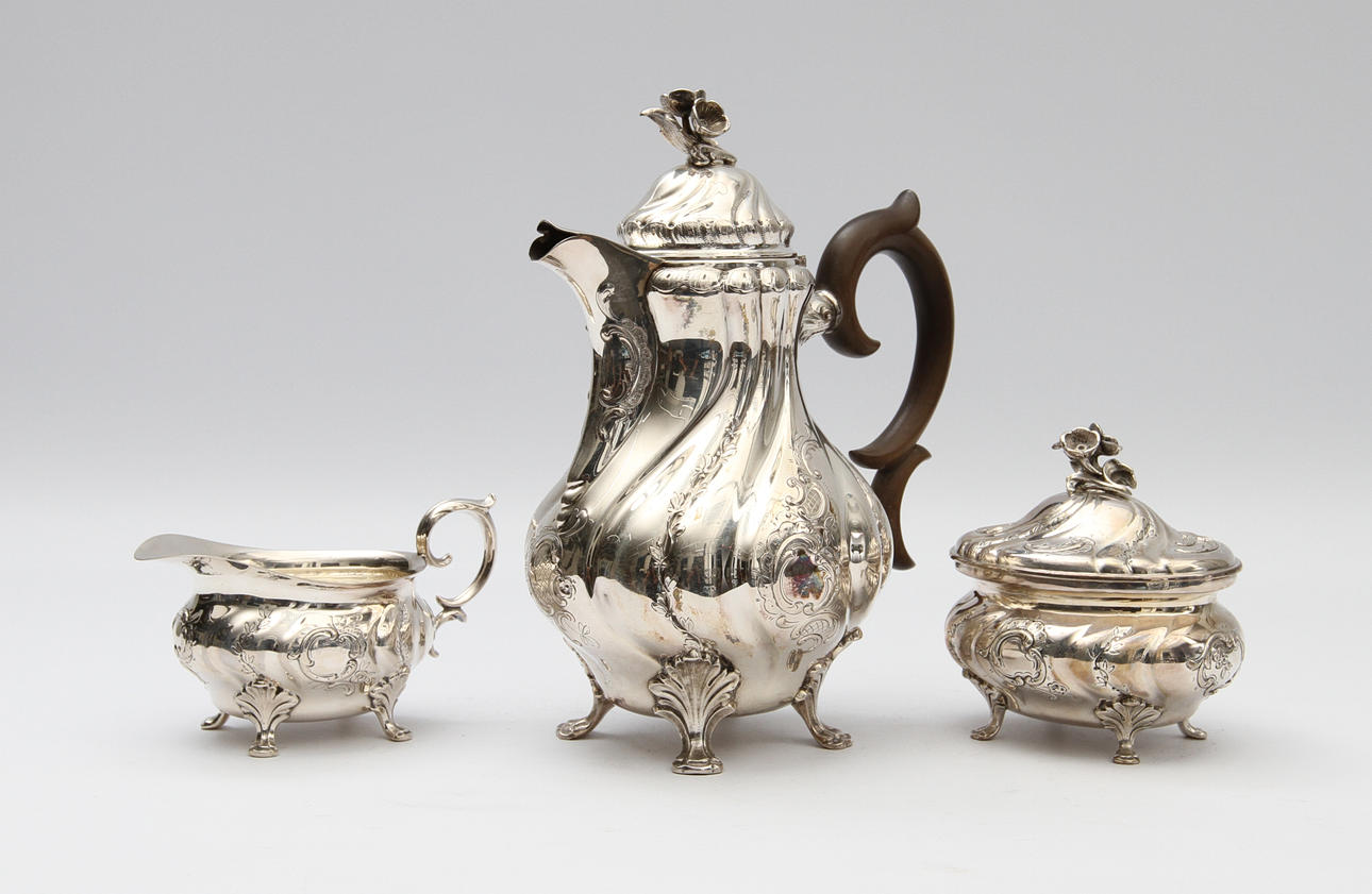 KAFFESERVIS, 3 delar. Silver. Rokokostil.