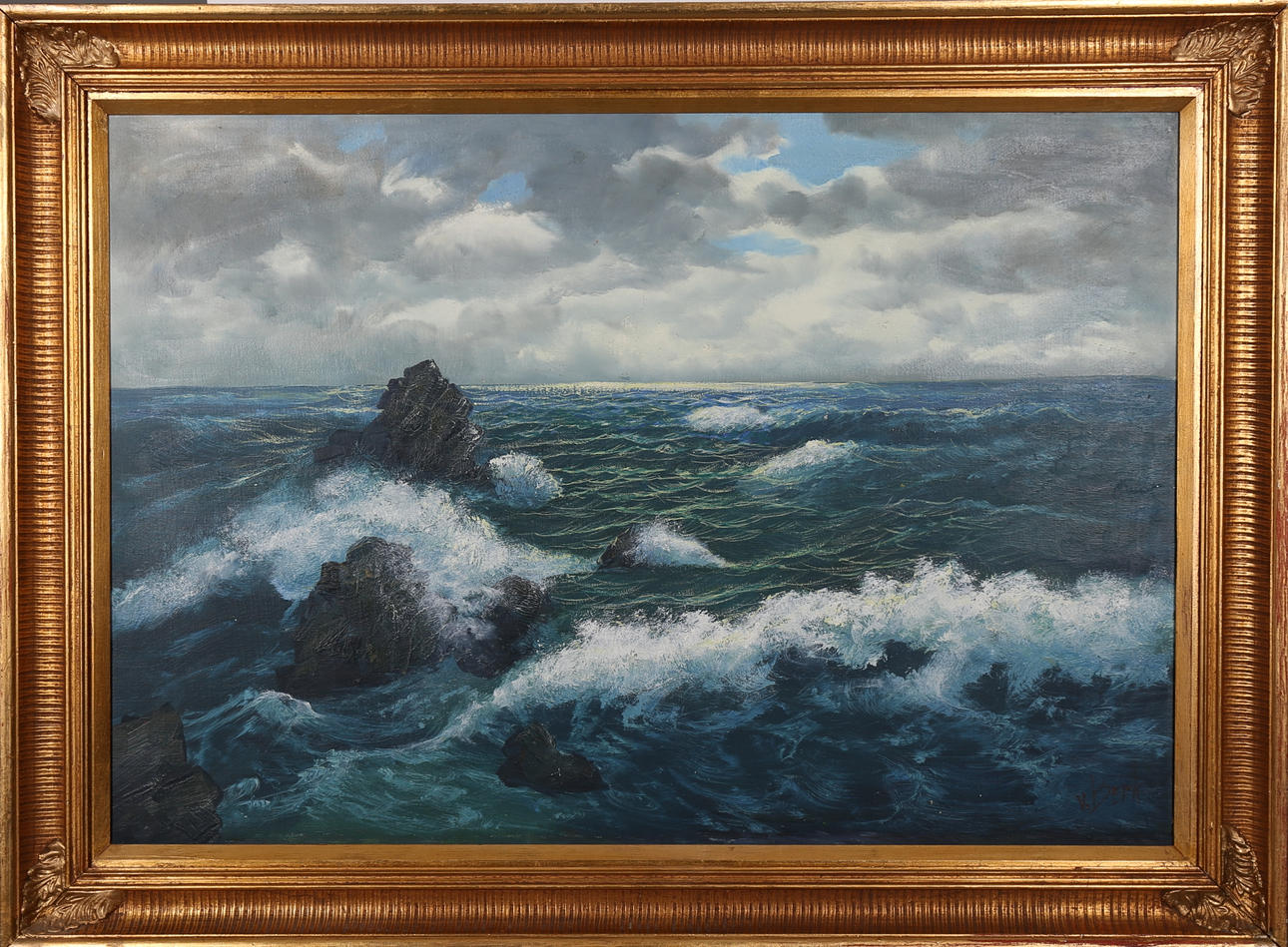 OKÄND KONSTNÄR, motiv av bränningar, olja på duk, Signerad V Bert.