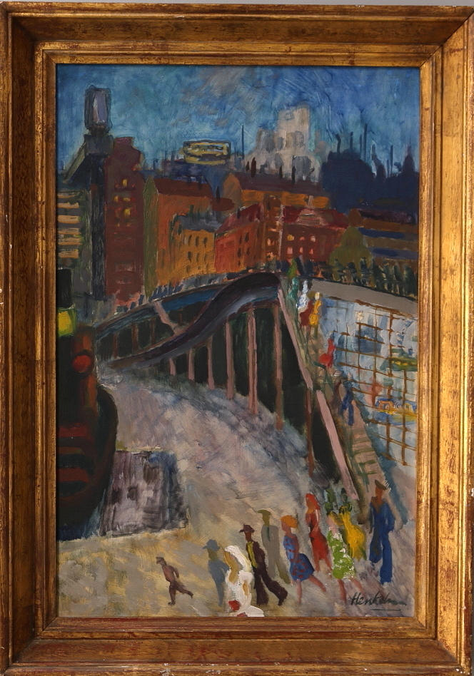 F. HENKELMAN. Olja på pannå, "Vid slussen", signerad.