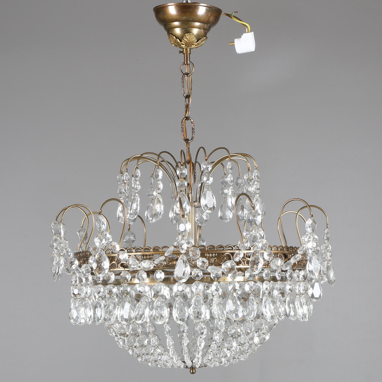 LJUSKRONA, mässing, 6 st ljuspunkter, med prismor, 1900-tal.