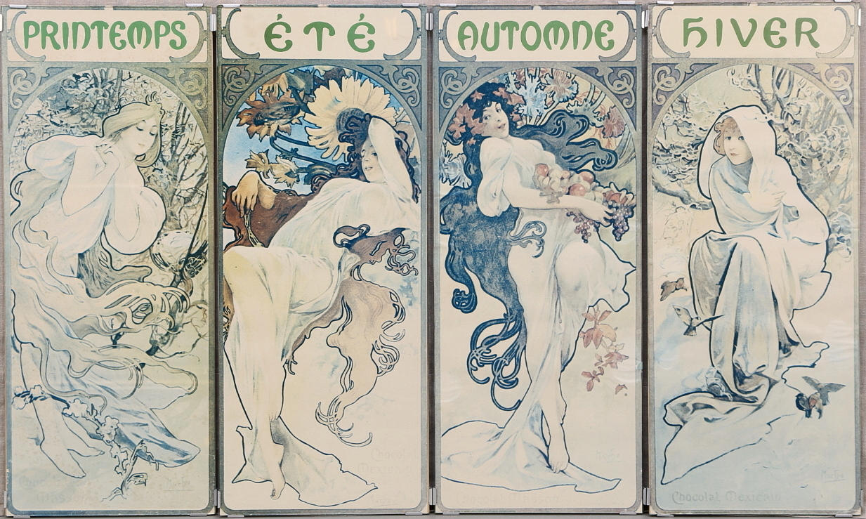 ALPHONSE MUCHA. EFTER. Affischer 4 st, "De fyra årstiderna" tryck.