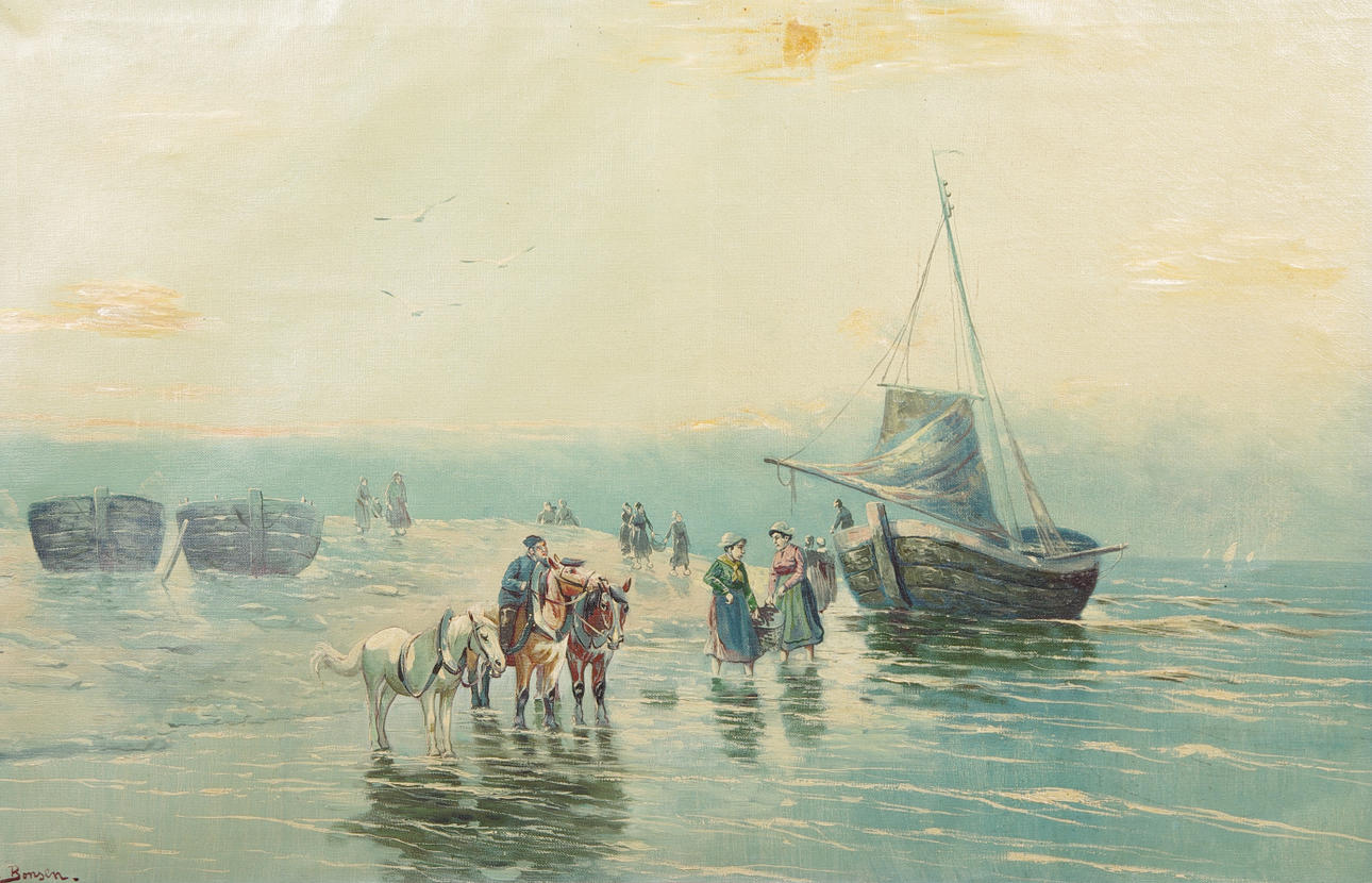 OIDENTIFIERAD KONSTNÄR. Kustparti med båtar och hästar, olja på duk, signerad J. Bonson.