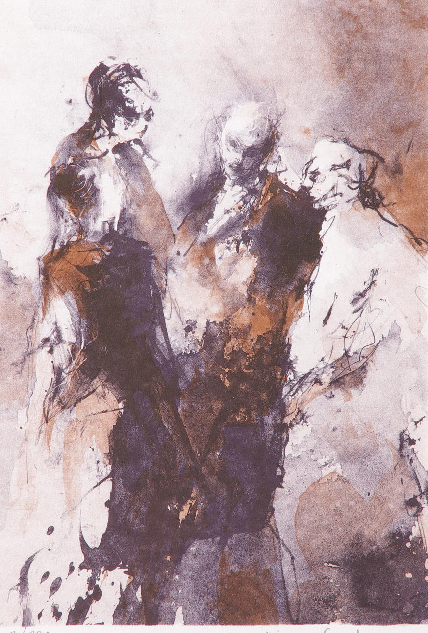 LARS EJE LARSSON. Samtalande män, färglitografi, signerad Lars Eje Larsson.