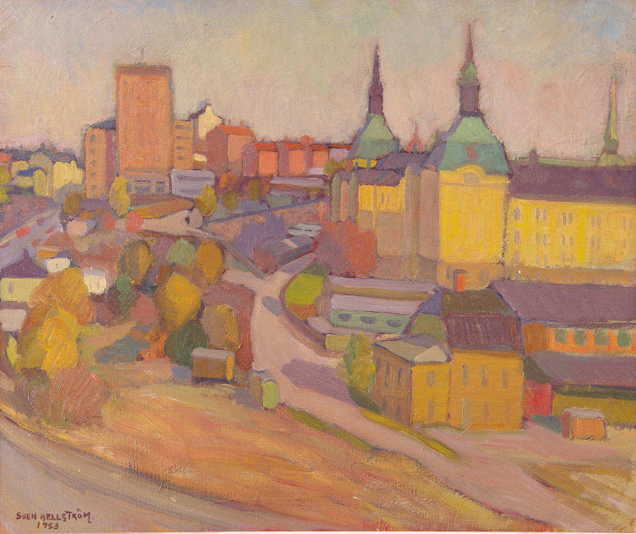 SVEN HELLSTRÖM. "Höstdag, Söder, Stockholm", olja på duk, signerad 1953.