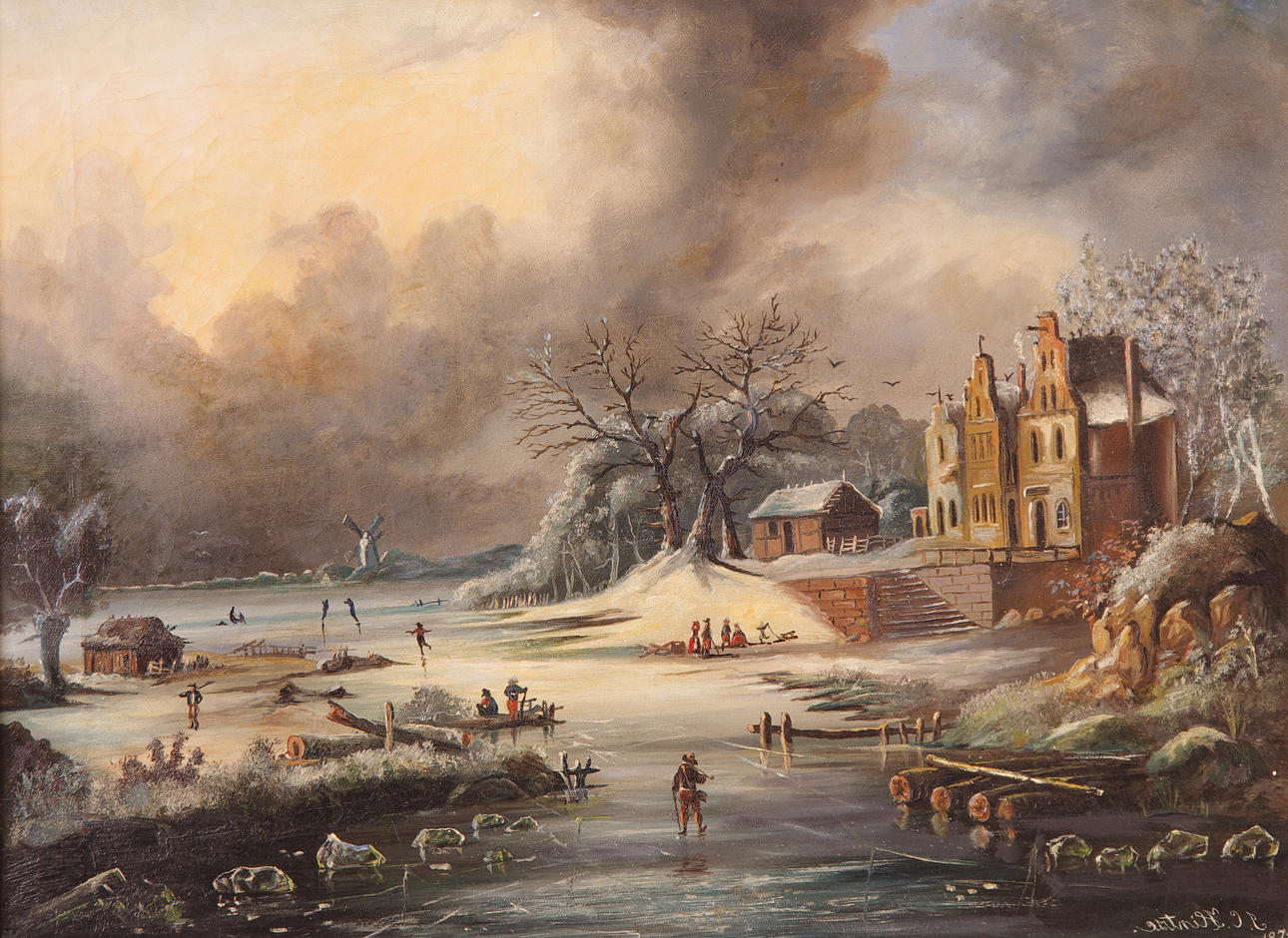 OIDENTIFIERAD KONSTNÄR. Winterlandskap i Holland, olja på duk, otydligt signerad 1870.