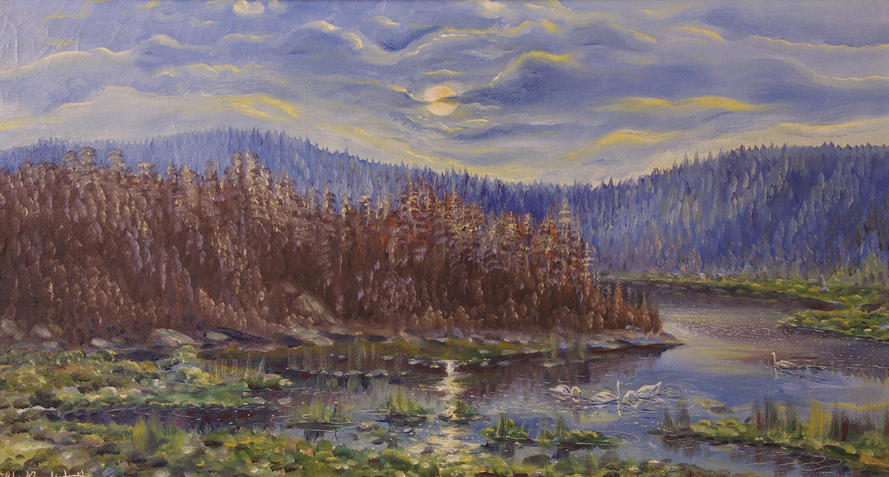 ELIS BARKSTEDT. Landskap med svan, olja på duk, signerad 1929.