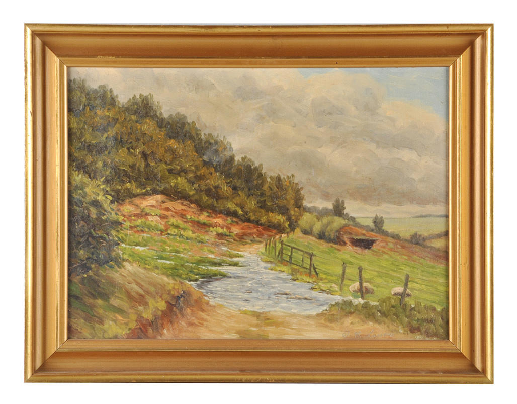 J.C. LARSEN. Sommarlandskap med betesmark och bäck.