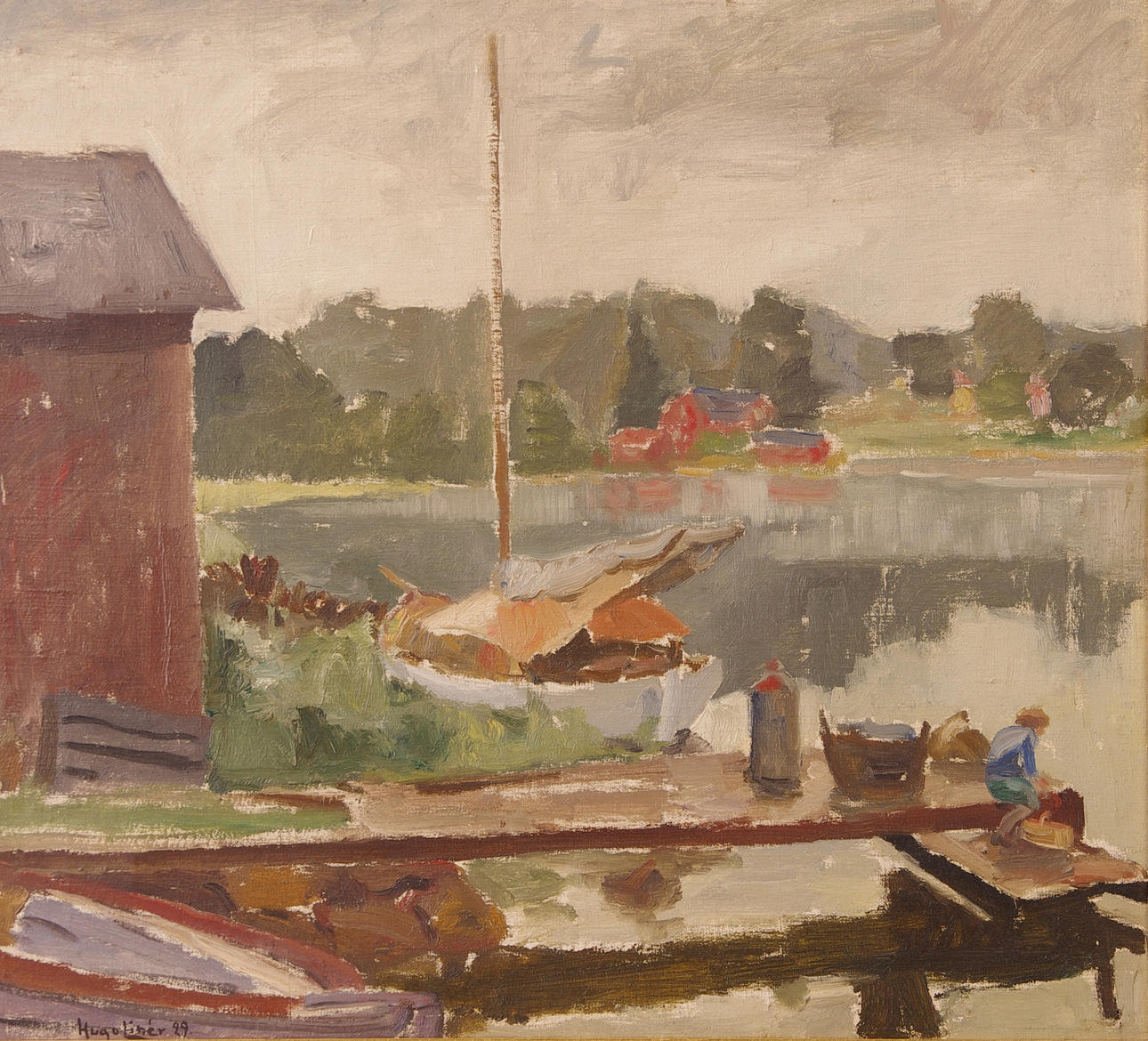 HUGO LINÉR. Vatten med brygga, olja på duk, signerad -29.