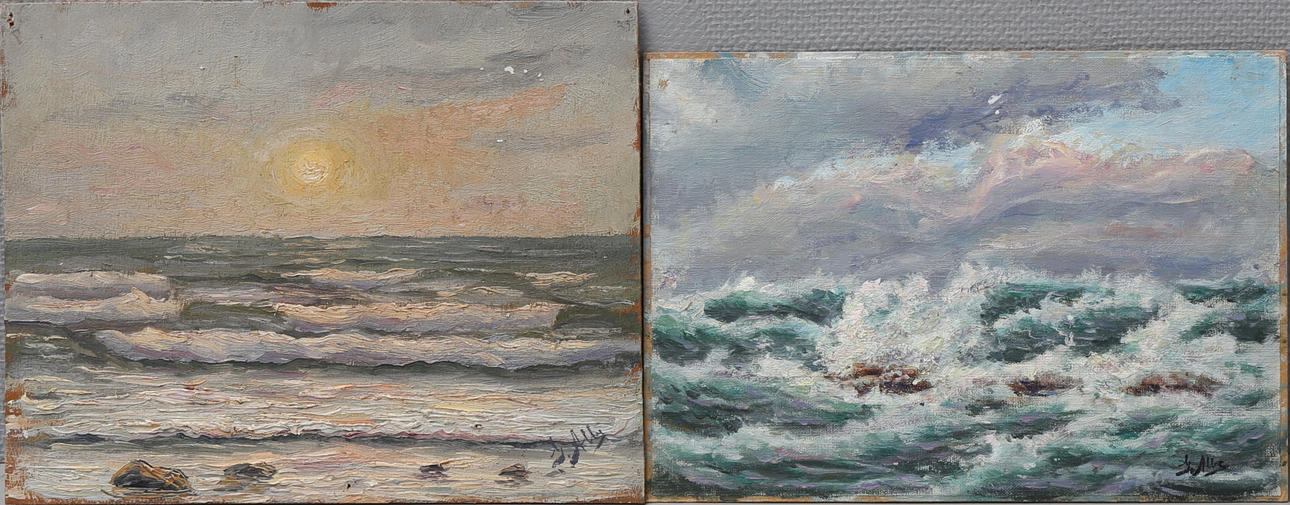 GERHARD ALBE. Havsmotiv. Olja på pannå, 2 st, signerade G. Albe.