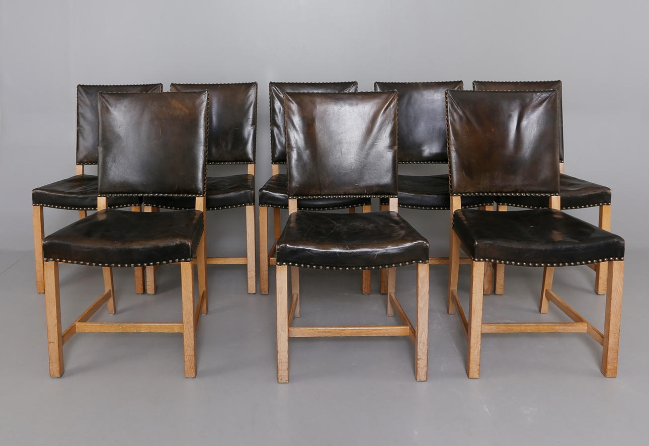 KARL ERIK EKSELIUS. Stolar, 8 st, ek, skinn, 1949.