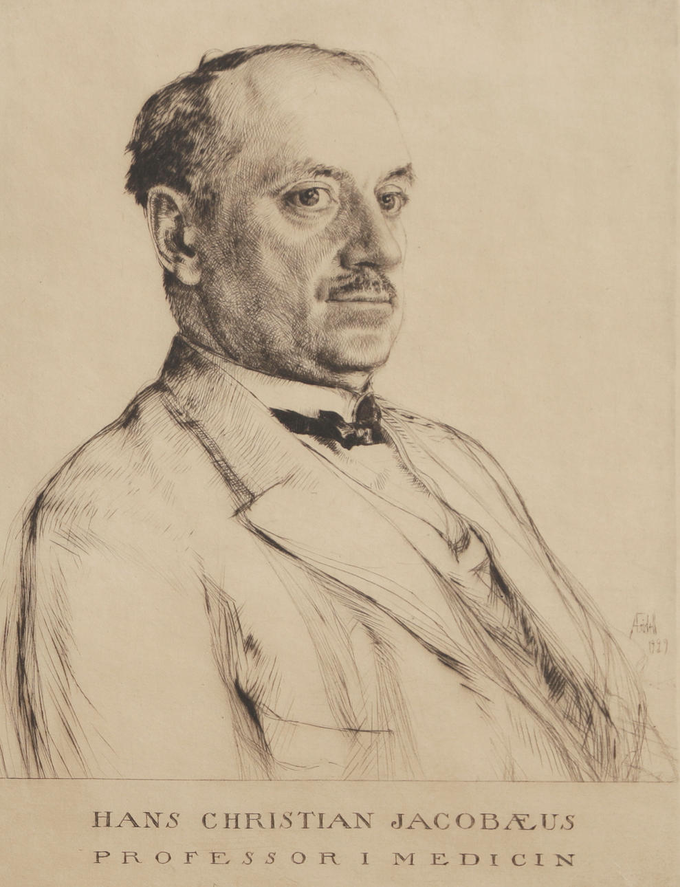 AXEL FRIDELL. Drypoint engraving, "Professor Hans Christian Jacobæus", signed, dated 1929.