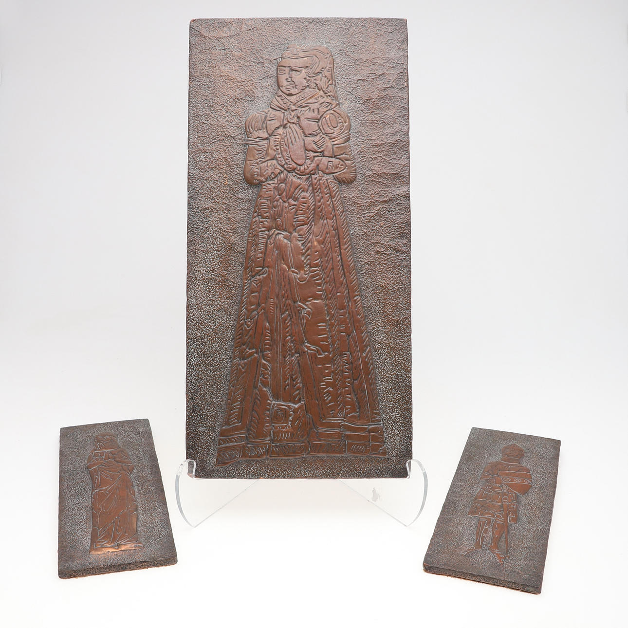 THREE MEDIEVAL THEME COPPER PLAQUES.
