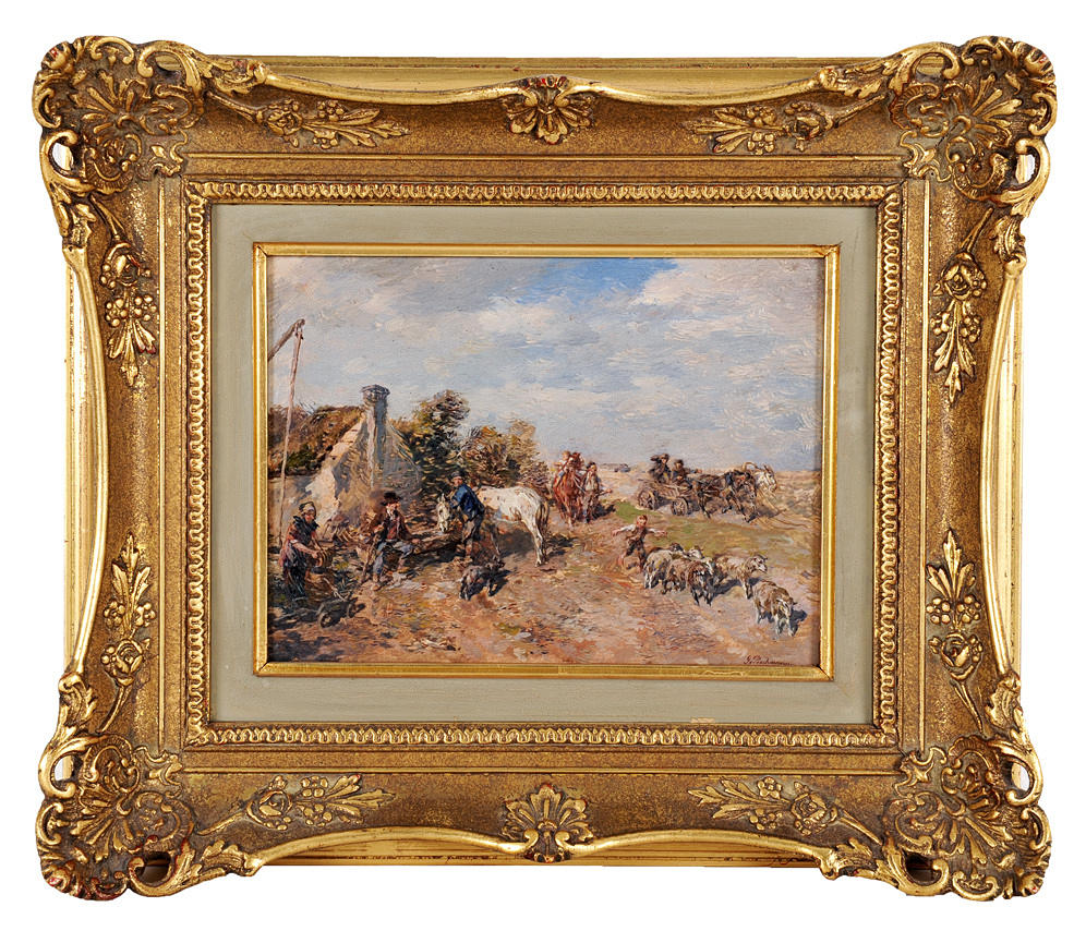 GREGOR VON BOCHMANN. oljemålning. Landsbygd scen rikt dekorerad med människor och djur.