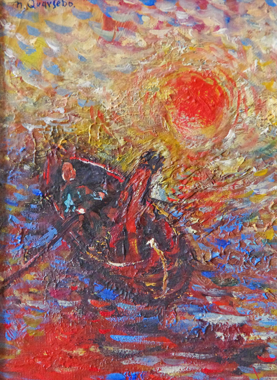 MIKAEL QVARSEBO. Man i roddbåt, olja på pannå, signerad M. Qvarsebo.