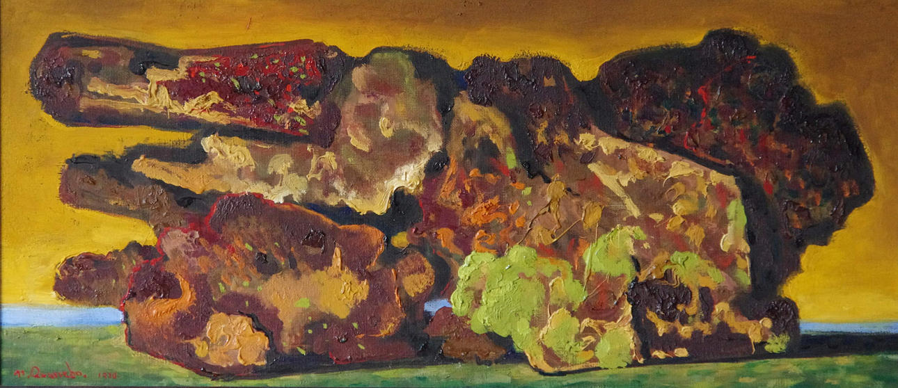 MIKAEL QVARSEBO. Stenformation, olja på pannå, signerad M. Qvasebo 1970.