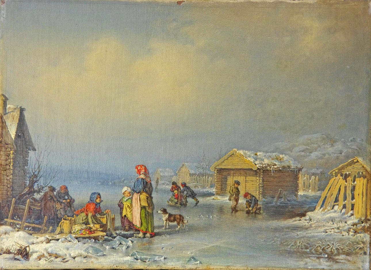 KILIAN ZOLL. Vinterlandskap med figurer, olja på duk, signerad K. Zoll 1851.