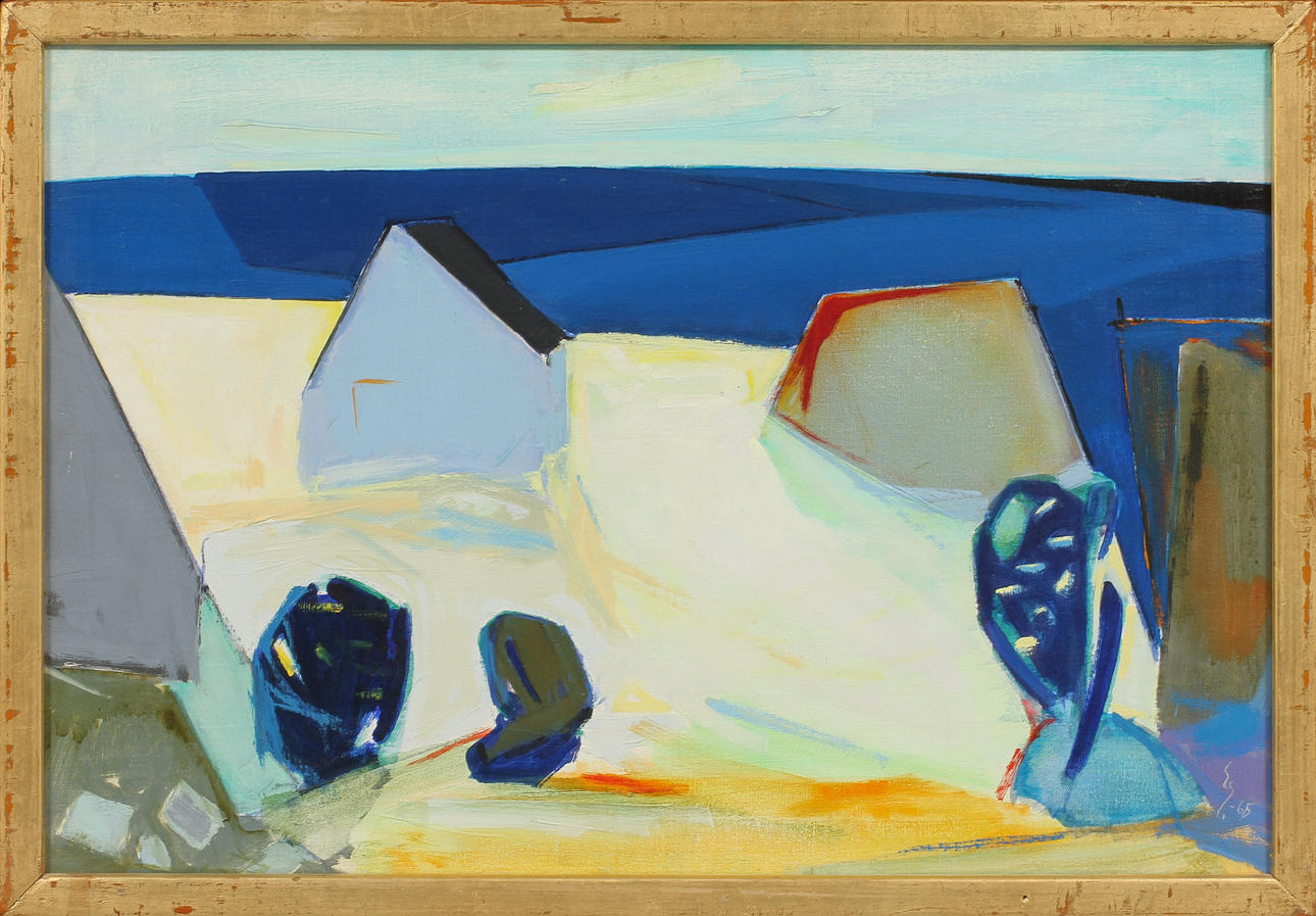 ERNST GRUNDTVIG. "Hus vid kusten", olja på duk, monogramsignerad och daterad-65.