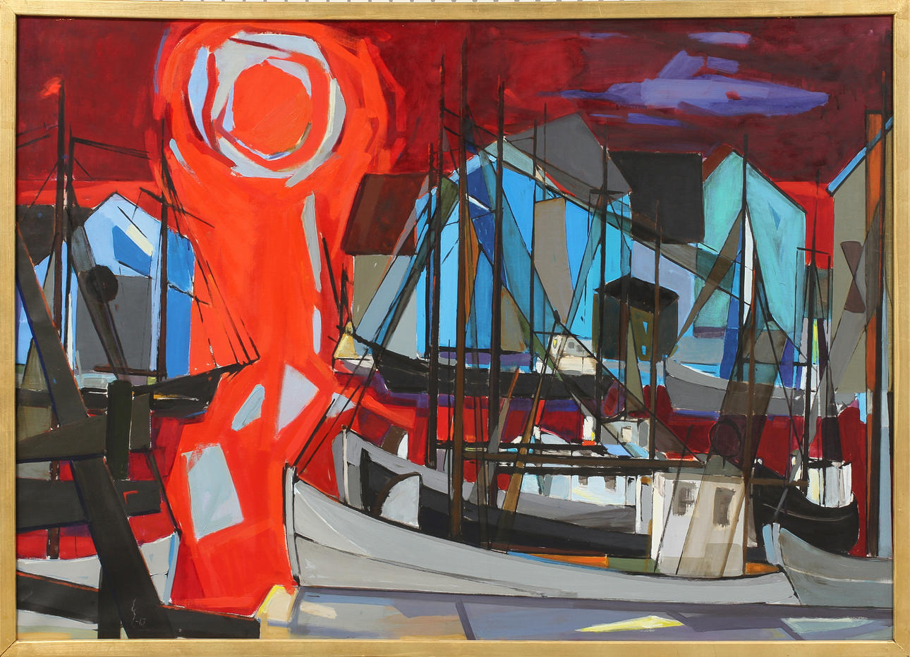 ERNST GRUNDTVIG. Komposition med segelfartyg, olja på duk, monogramsignerad och daterad-67.