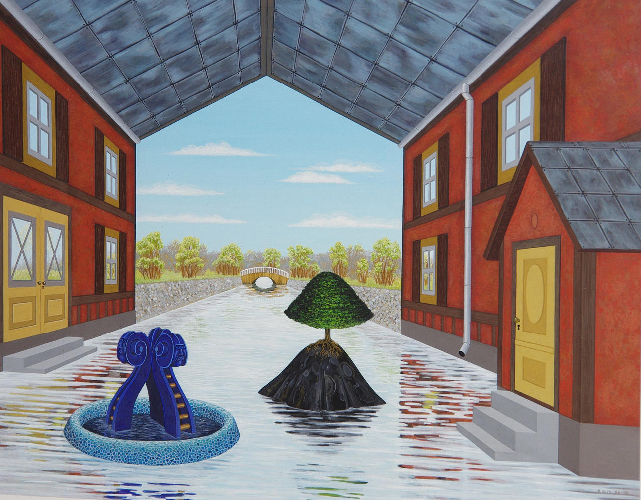 BENTE OLESEN-NYSTRÖM. "Hus vänt på avigan, blandteknik, signerad B.O.N. 86-96.