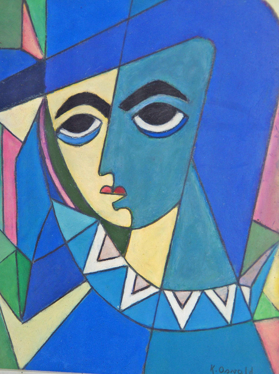 OIDENTIFIERAD KONSTNÄR. Kubistiskt porträtt, pastell, signerad K. Oswald.