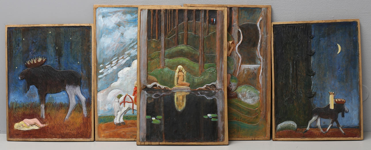 RAGNAR ALMROT. Väggskulpturer, 5 st, efter John Bauer, osignerade.