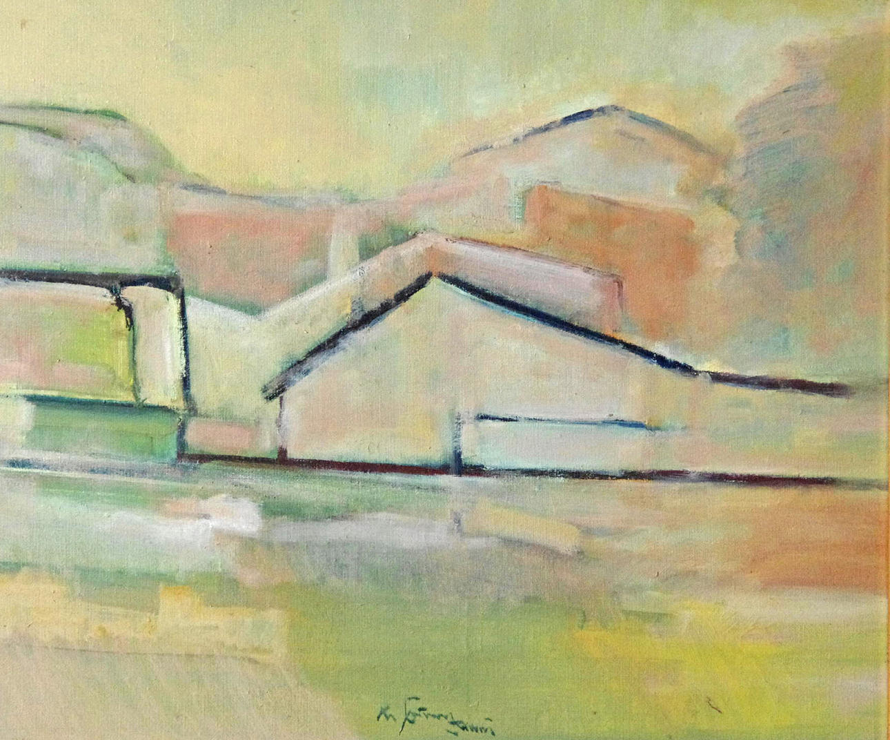 OIDENTIFIERAD KONSTNÄR. Huskroppar, olja på duk, otydligt signerad.