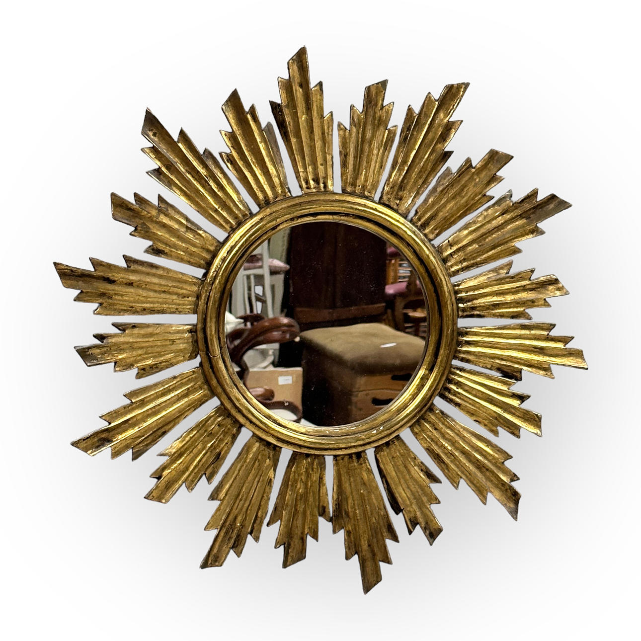 SOLSPEGEL, förgyllt trä och glas, 1900-tal.