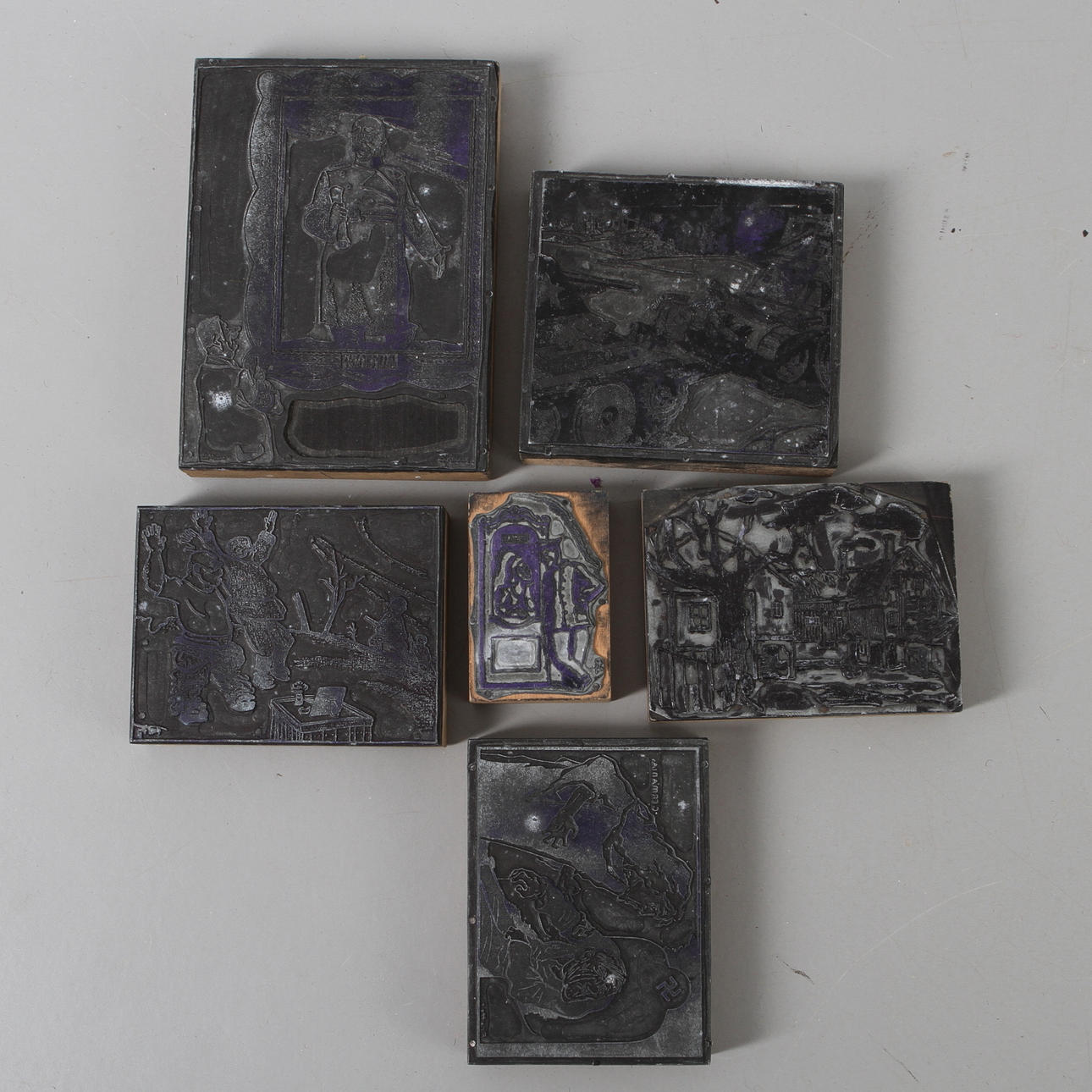 TRYCKKLICHÉER, 6 st, delvis satirbilder av bl a Adolf Hitler, 1900-talets första hälft.