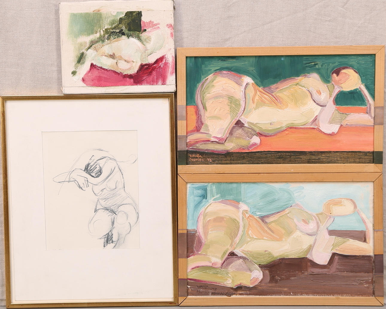 WANJA "NONES" HÅKANSSON. Olja på duk, signerade och osignerad + Blyertsteckning: 4 delar.