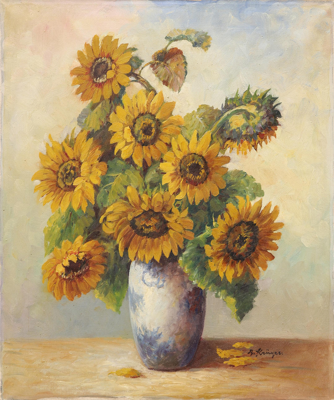 ALBERT KRÜGER. Vase mit Sonnenblumen, signiert.