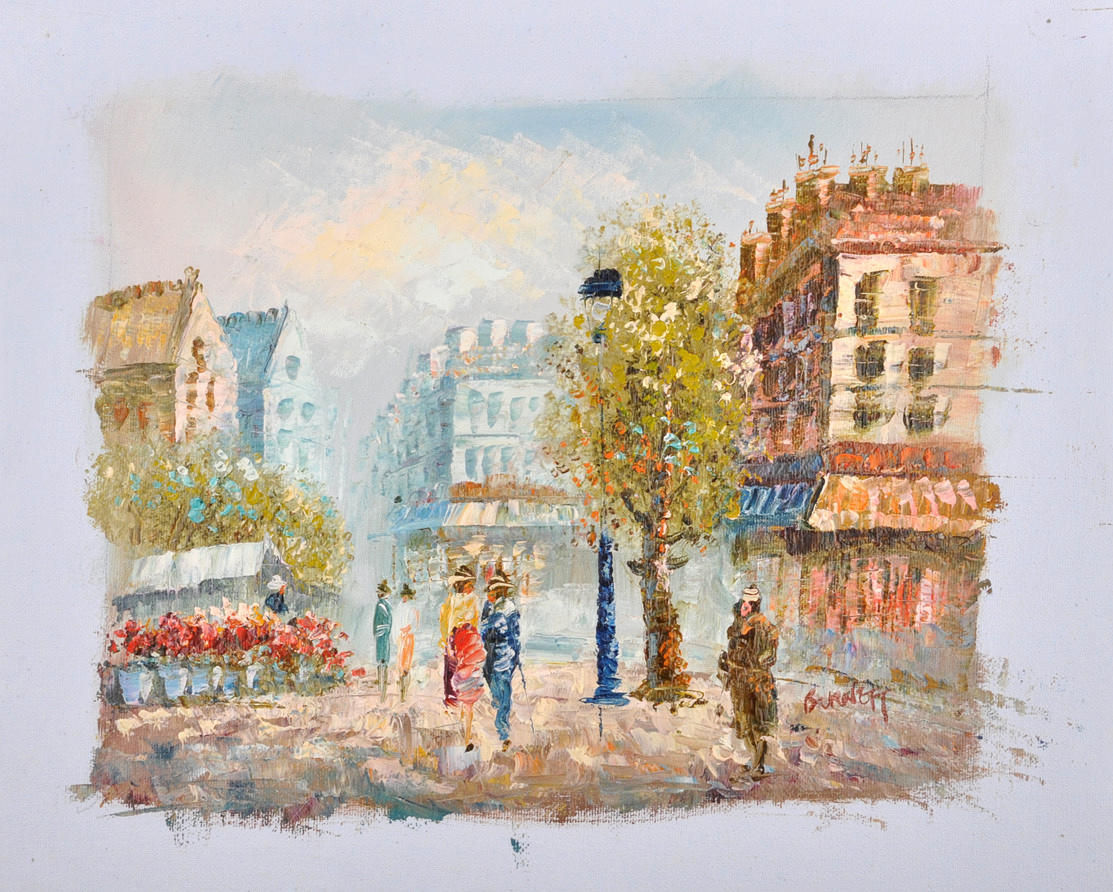 BURNETT. Fransk oljemålning. Impressionistisk gatuscen.