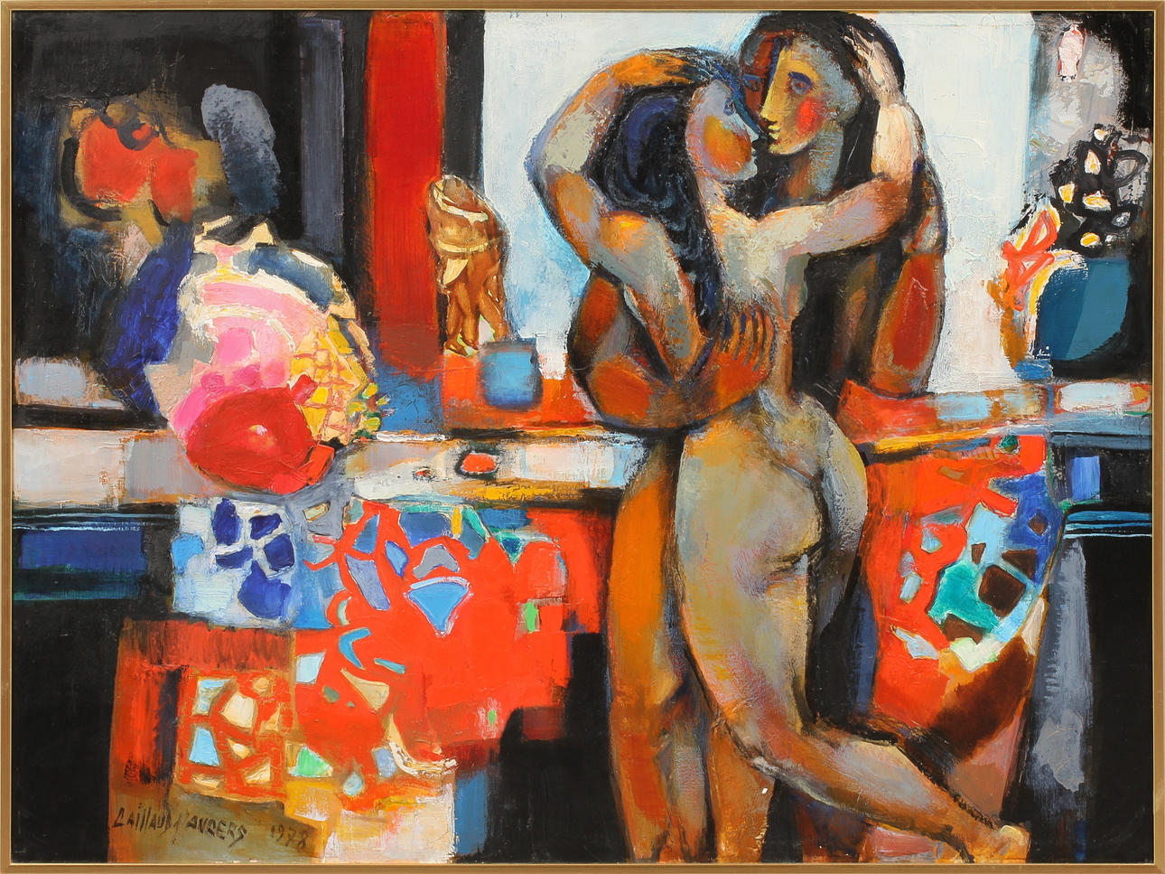 LOUIS CAILLAUD DANGERS. Komposition med figurer, olja på duk, signerad 1978.