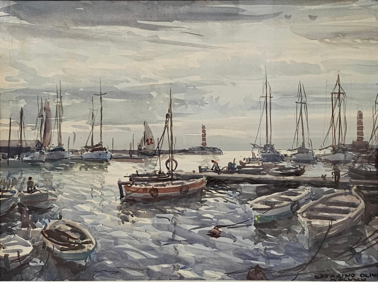 CEFERINO OLIVÉ. PUERTO. ACUARELA SOBRE PAPEL.