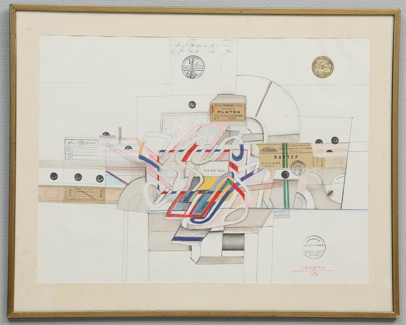 SAÛL STEINBERG. Lithographic poster, composition, printed signature, 1970.