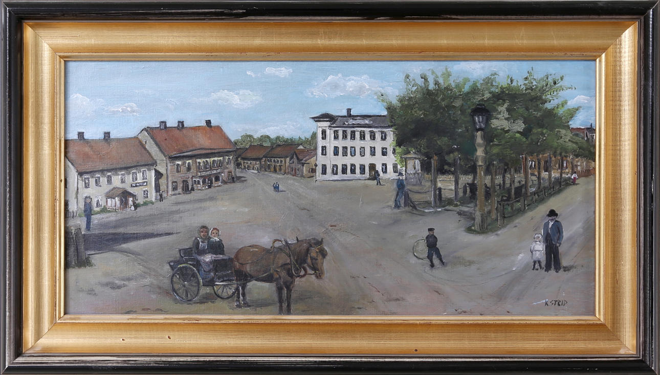 KERSTIN STRID. Olja på duk, Sävsjö torg, signerad.