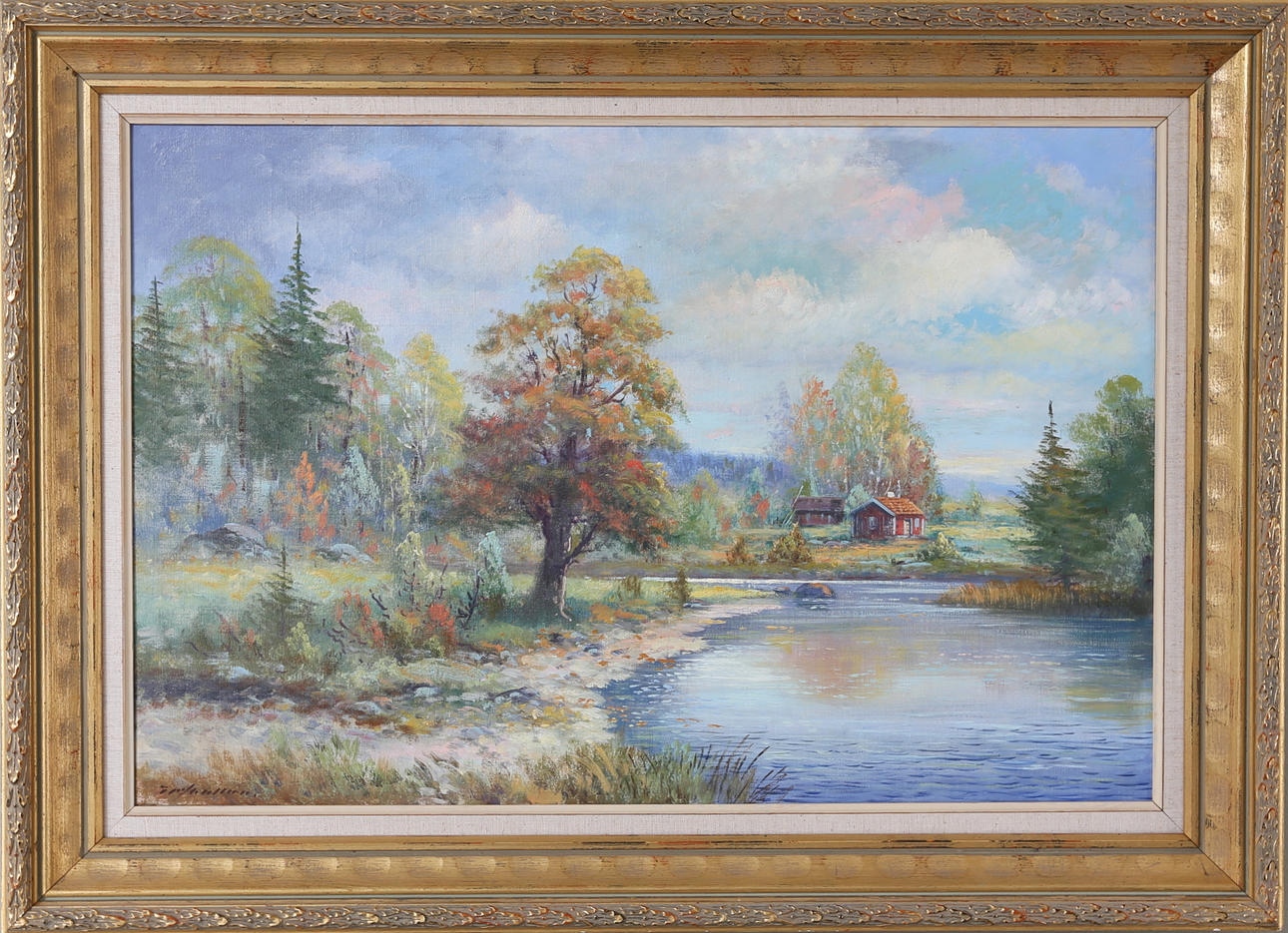 OIDENTIFIERAD KONSTNÄR. Olja på duk, Röda stugan vid sjön.
