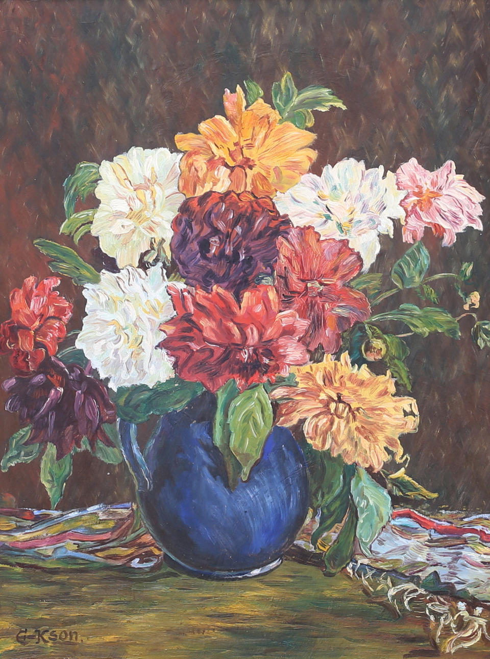 OIDENTIFIERAD KONSTNÄR. Flower still life. Oil on canvas, signed E-Kson.