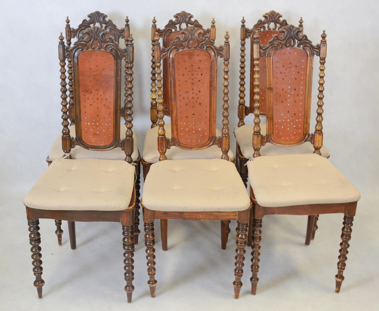 Stolar, 6 stycken, bonad och svarvad björk, nyrenässans, 1800-talets slut.