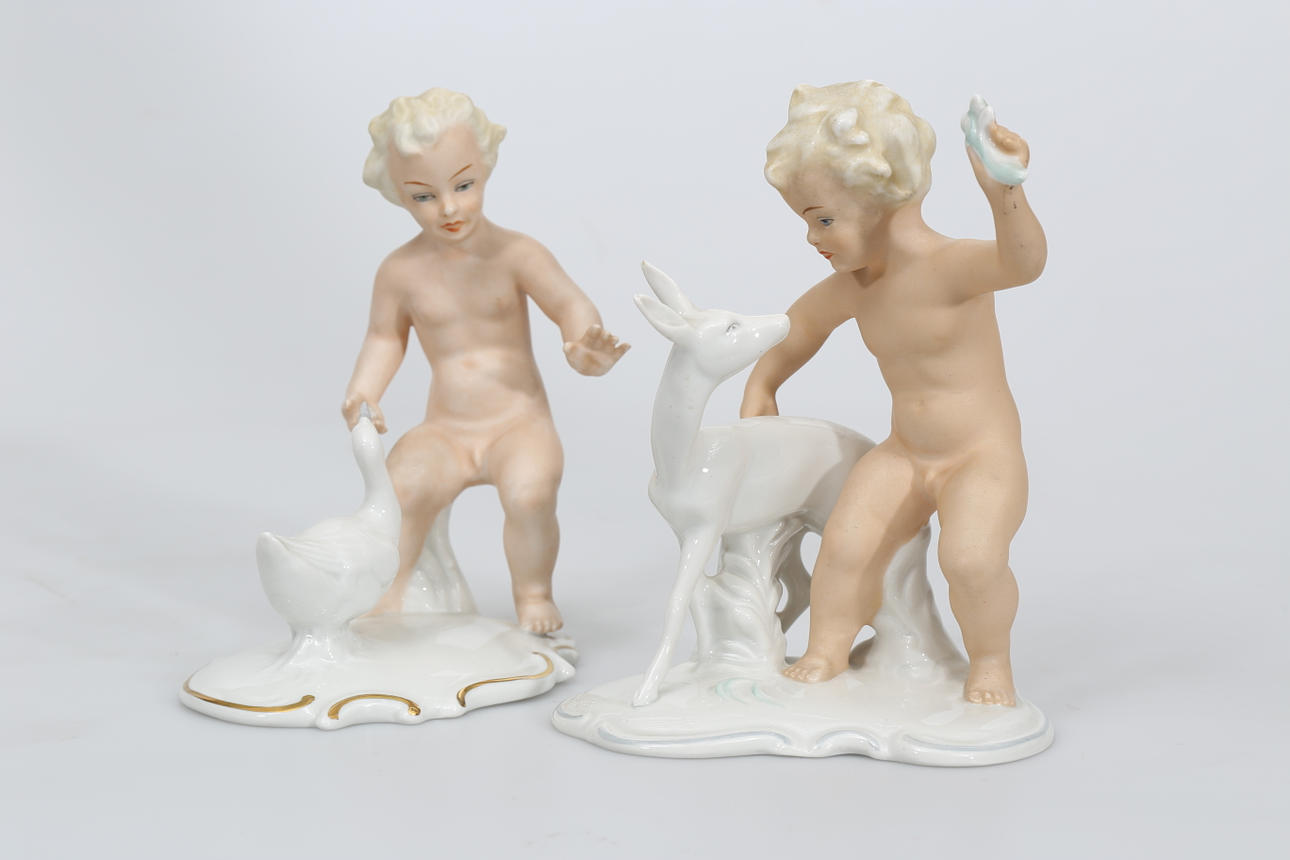 FIGURINER, porslin, 2 stycken, Pojkar med gås och kid, Schaubachkunst.
