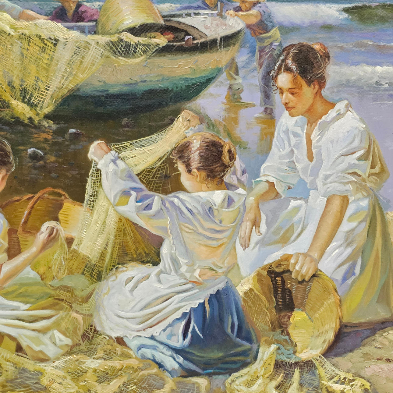 油彩画 漁船と漁師 A. De La Cruz ANGEL DE LA CRUZ. OIL CANVAS. FISHERMEN ON THE BEACH. Art