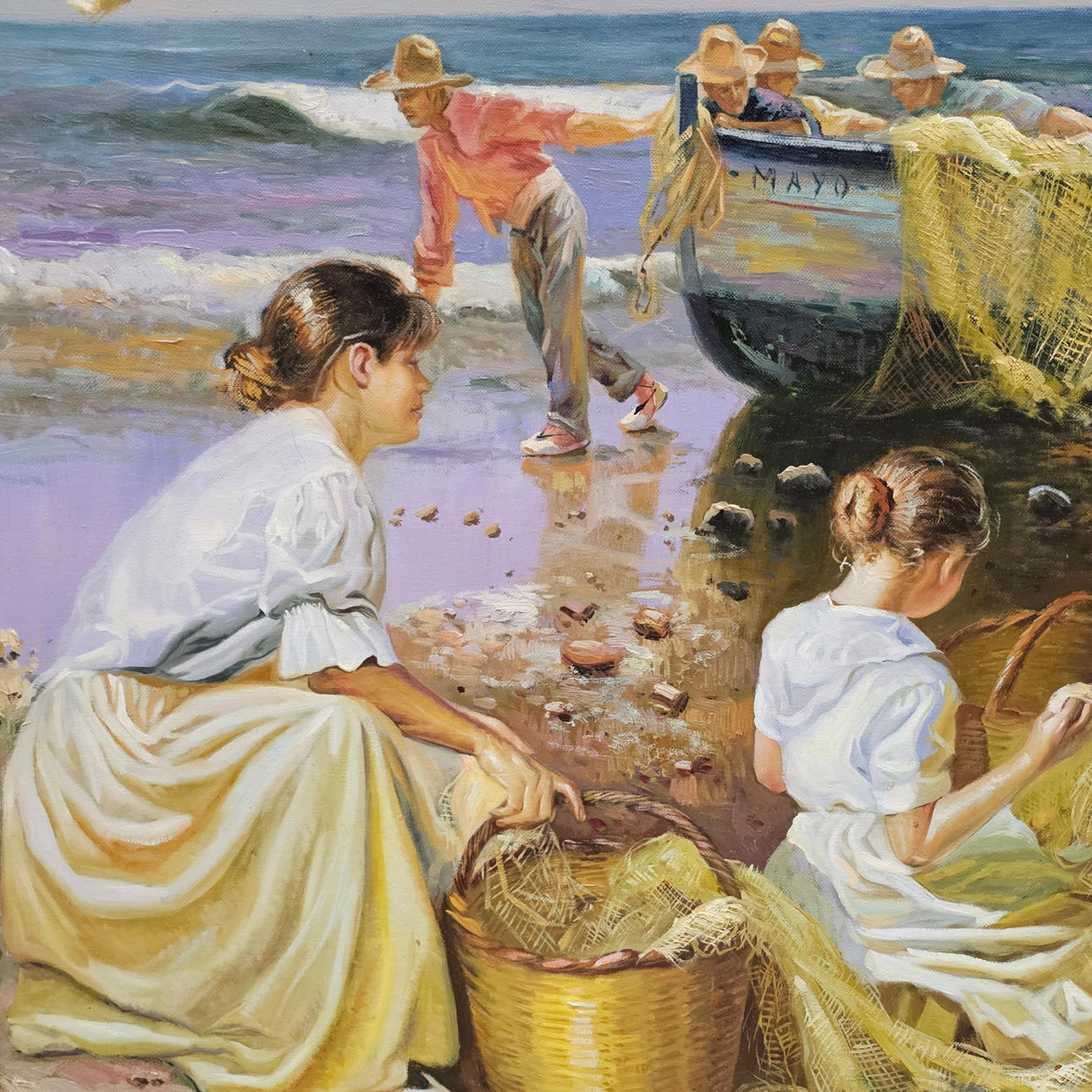 ANGEL DE LA CRUZ. OIL CANVAS. FISHERMEN ON THE BEACH. Art