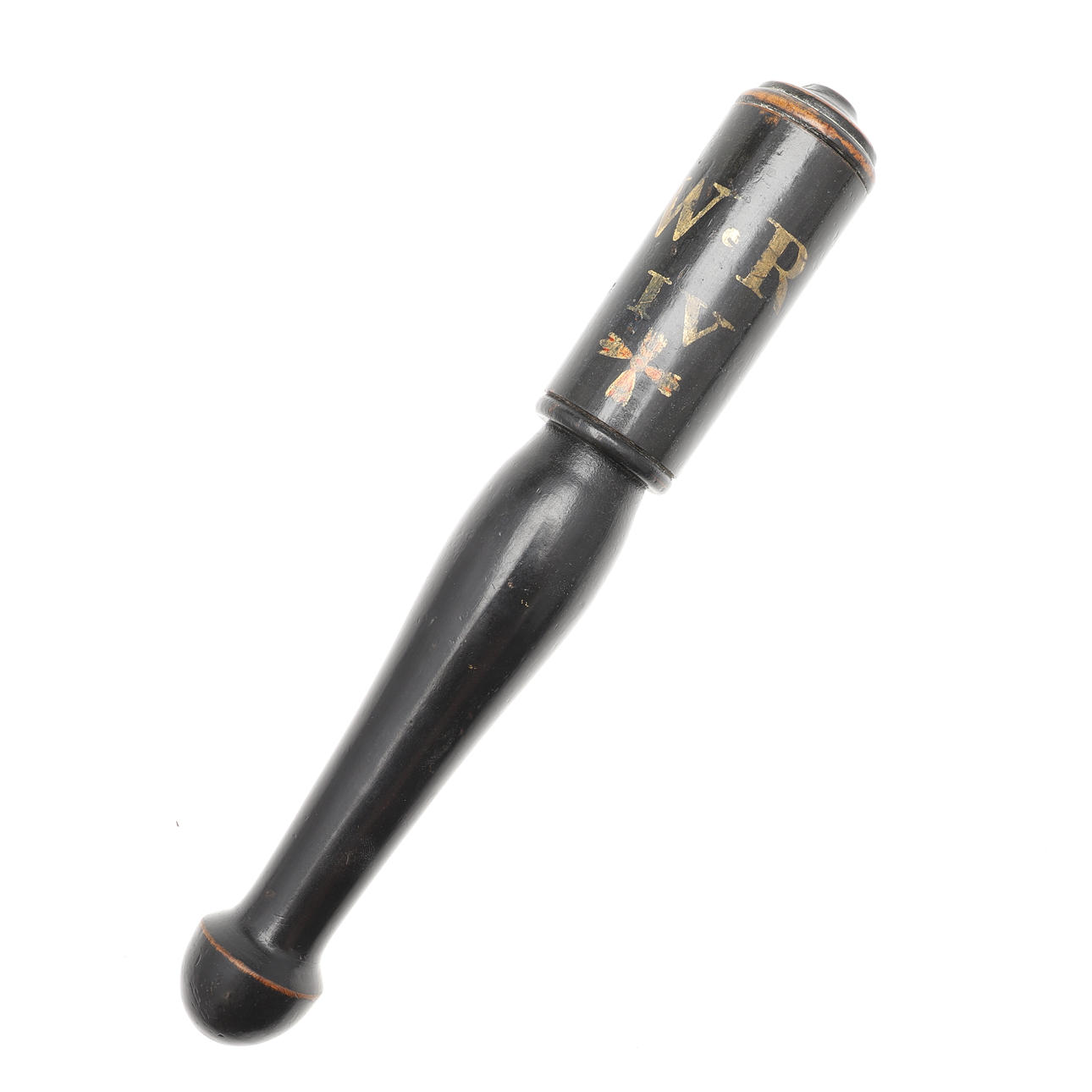 UNA PORRA DE MADERA PINTADA.